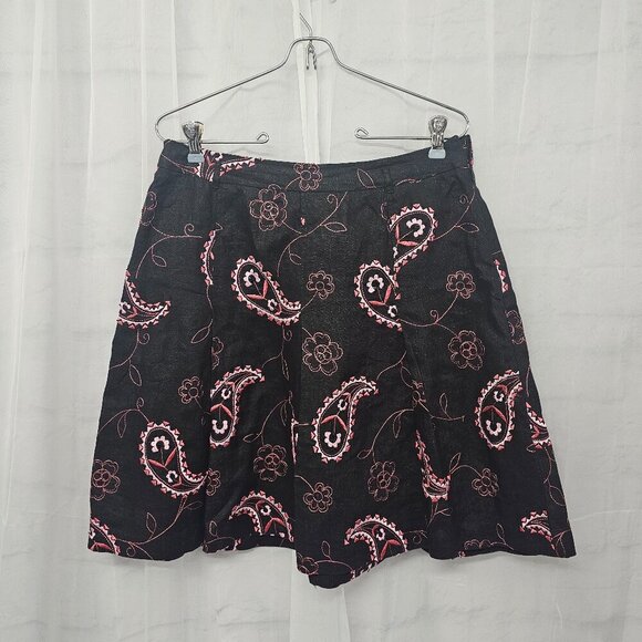 Grace Elements Black Pink Embroidered Paisley Skirt Linen Pleated Boho 10P - Picture 1 of 12